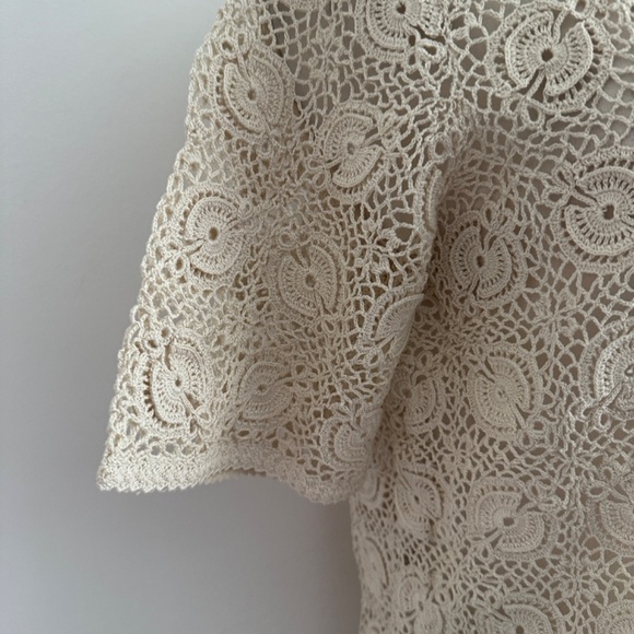 Vintage 1970s Hand Crocheted Open Knit Button Front Short Sleeve Cardigan Top M? - Picture 5 of 12